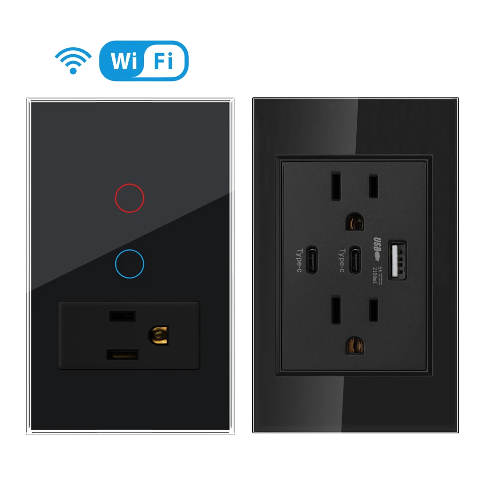 SRAN Wifi switch and Non intelligent Usb c Socket, 118*72mm Glass Panel, Tuya smart switches Work with Google Home Alex