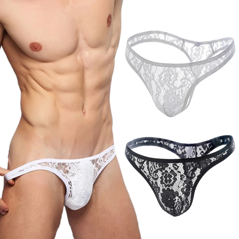 Sous-vêtements sexy en dentelle pour hommes, string masculin, transparent, lingerie, caleçon, culotte t-back