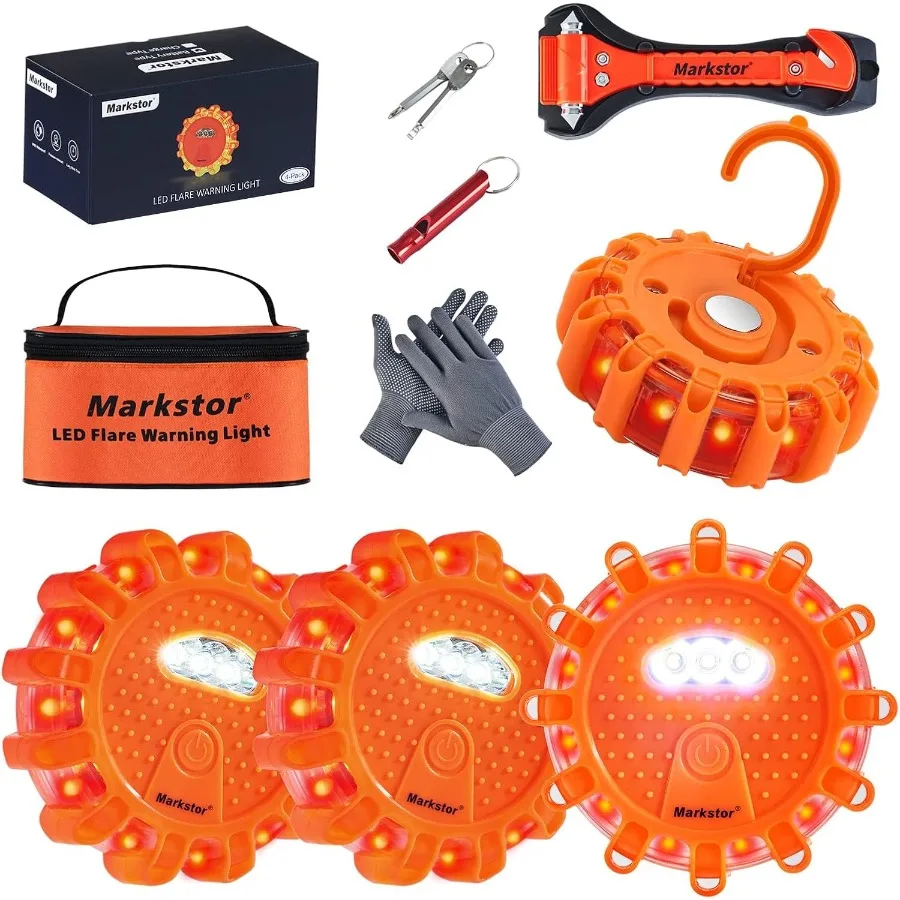 

4Pack LED Road Flare Car Emergency Kit with Magnetic Base and Hook Safety Light Featuring 9 Flashing Modes for Vehicle Roadside