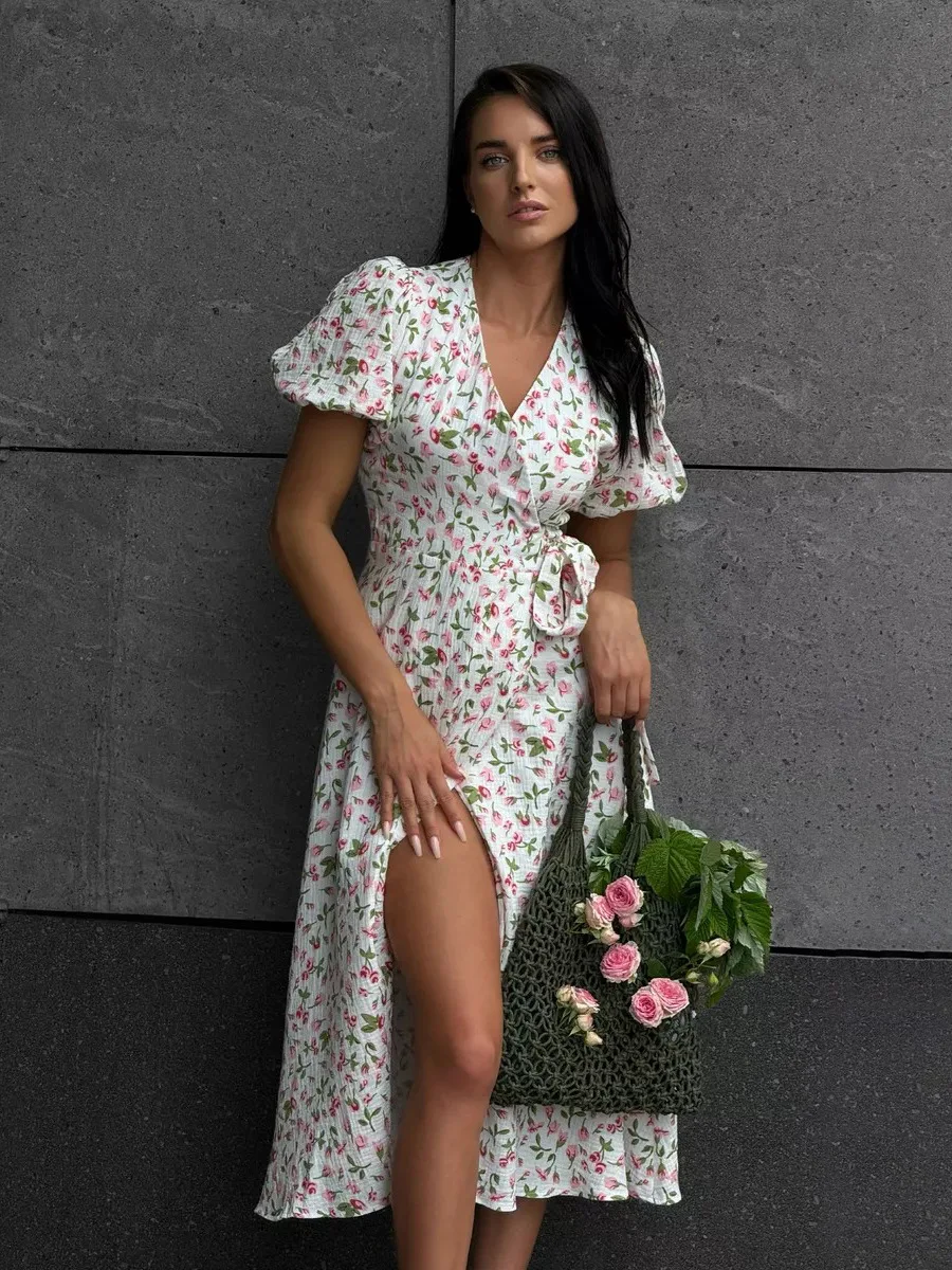Bornladies Damen-Midikleid aus 100 % Baumwolle, A-Linie, Sommer 2025, Blumen-Jacquard, elegantes, beige, fließendes langes Kleid für Damen