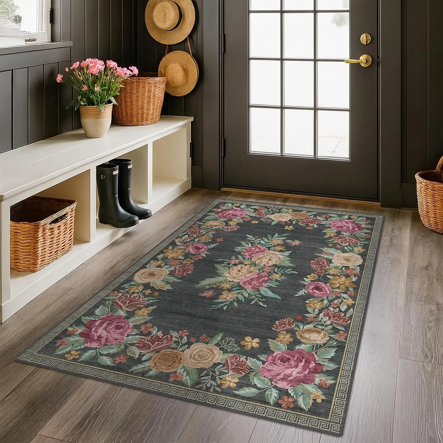 Bohemian Floral Runner Rug Dark Grey Non-Slip Washable Floor Mat with Colorful Rose Pattern for Entryway Hallway Kitchen Home
