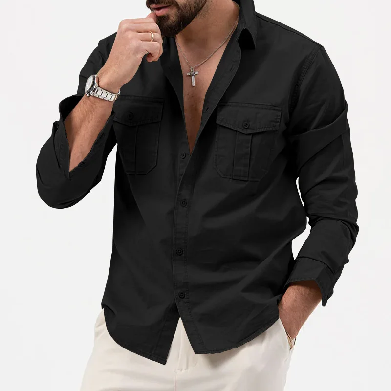 2024 Spring Summer New Casual Loose Cotton Men Top Fashion Double Pocket Male Long Sleeved Shirt