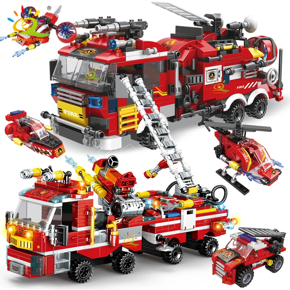 HUIQIBAO City Fire Truck Model Building Blocks Firefighting Set Fireman Figures Bricks City Construction Toy for Children Gift