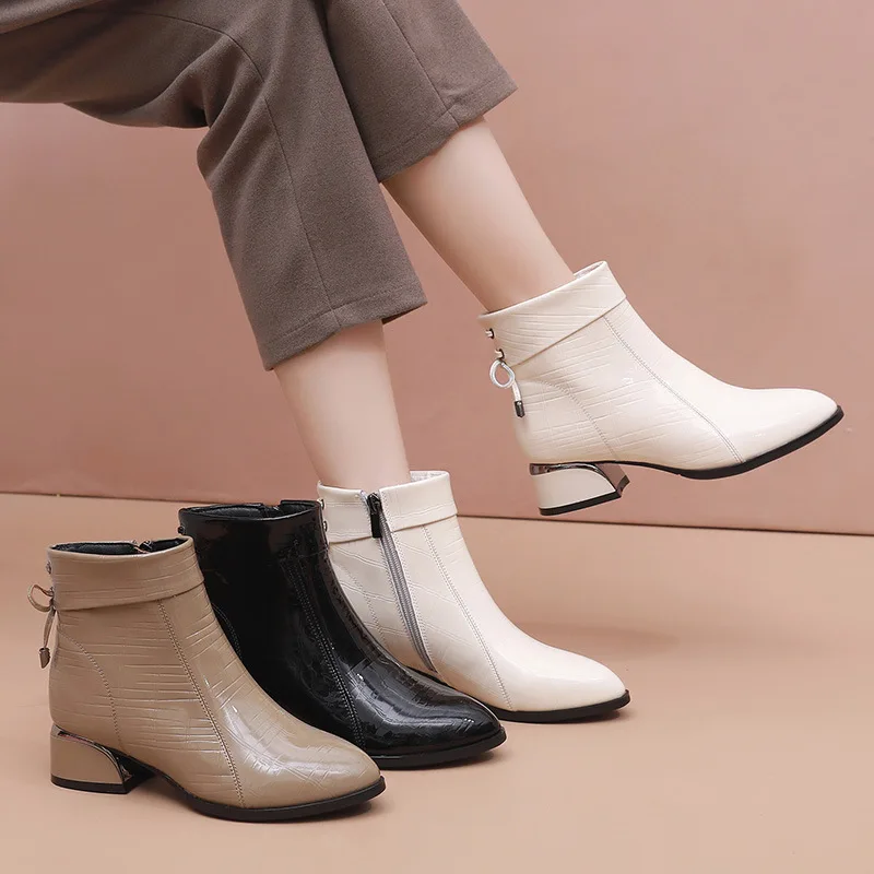 GKTINOO New Ankle Boots Women Pointed Toe Thick Heels Genuine Patent Leather Shoes Short Boots Soft Sole Footwear Plus Size 43