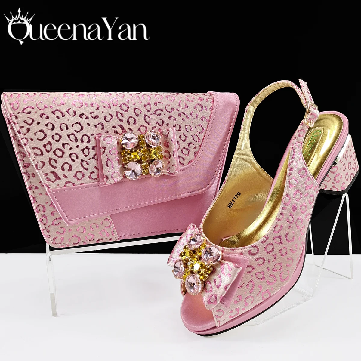 Queena Yan  2025 Shiny Italian Fashion Pointed Toe Women Heel Fashion Rhinestone Decoration Pink Color Shoes And Bag Set view 2