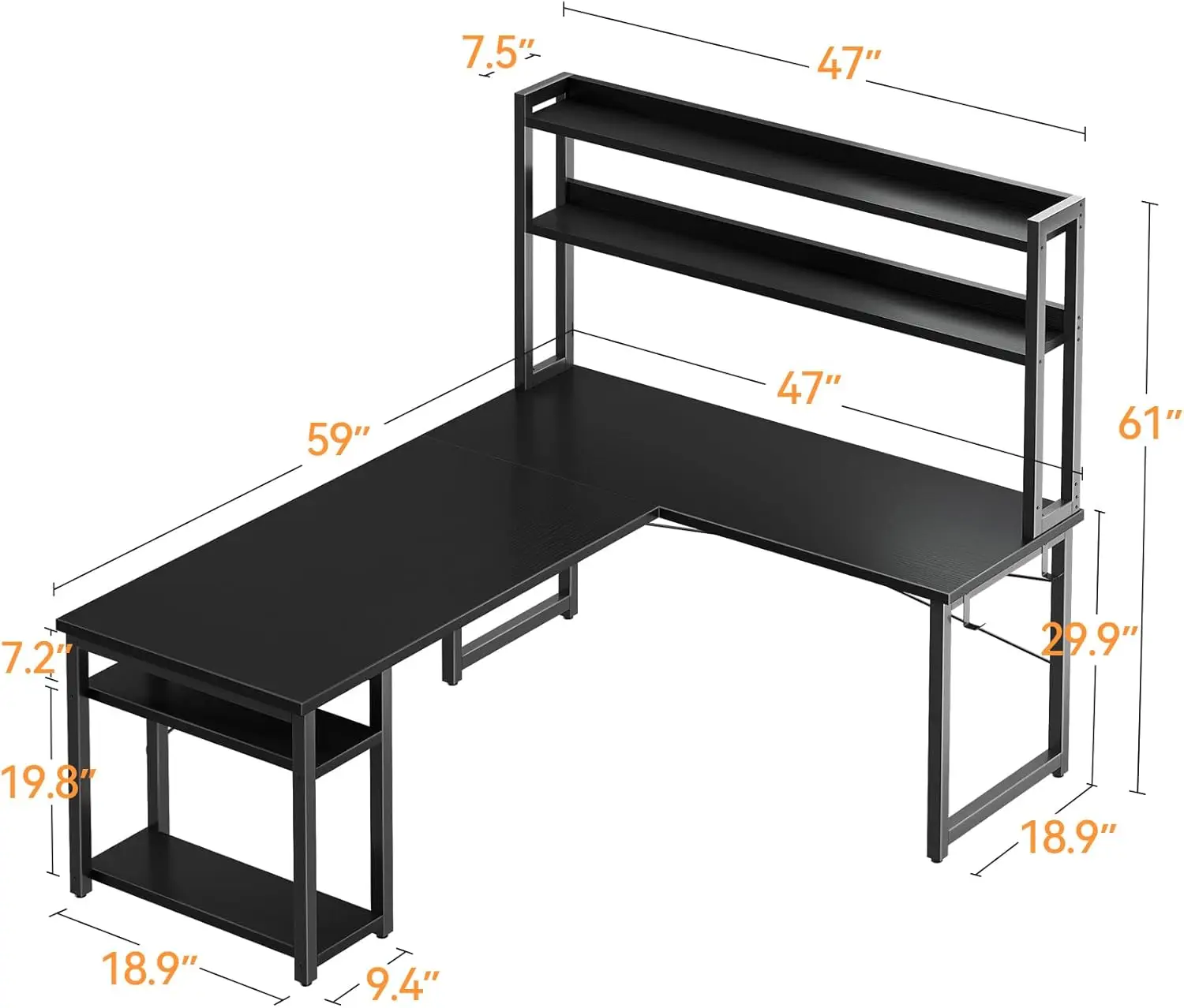 Bureau de jeu en forme de L avec clapier, bureau d'ordinateur avec étagères de rangement, 59 ", bureau en forme de L pour la maison, bureau d'angle, noir