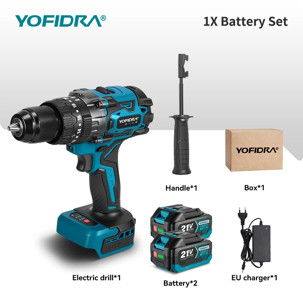 YOFIDRA 900N.M 13MM Bürstenloser Elektro-Schlagbohrschrauber 20+3 Drehmomentstufen Handbohrmaschine Schraubendreher Elektrowerkzeug für Makita-Akku