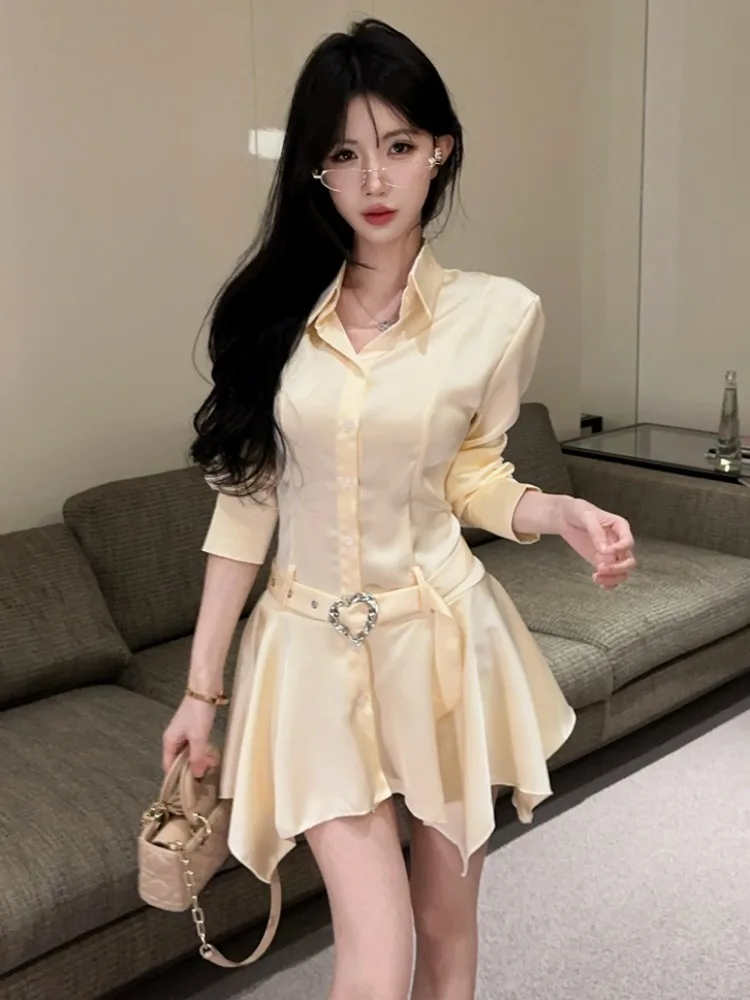 

Early Spring Pearl Glitter Satin Shirt Dress with Waist Cinching Single Button Flip Collar Asymmetrical Short Skirt