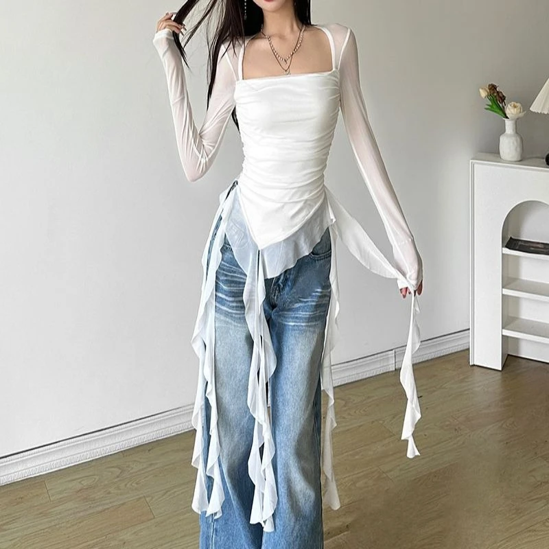 

Ruffle Long Sleeve Sexy T-Shirts Fashion Women Y2K Irregular Asymmetrical Korean Crop Tops Casual Sheer Mesh Autumn Chic Tees