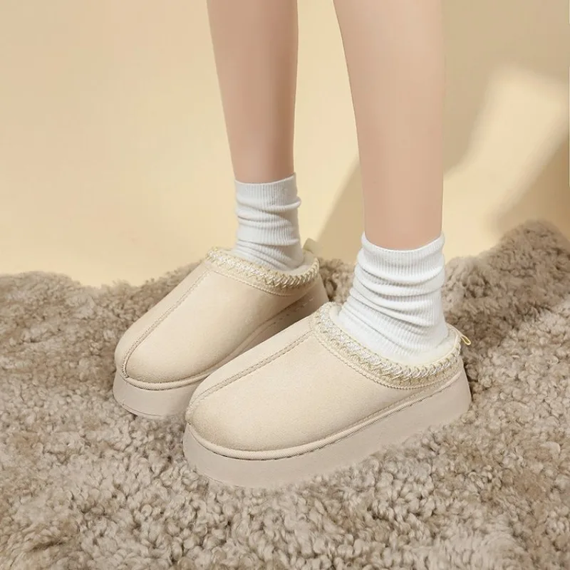 Snow Boots Women Winter New Cashmere Warm Thick Soles Without Heel-covered Hair Half Slipper Cotton Shoes Cashmere Warm Boots