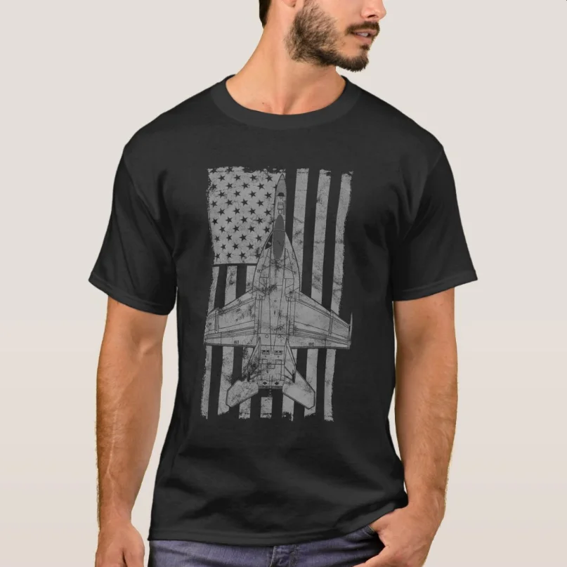 Retro USA Flag F-18 Super Hornet Strike Fighter T-Shirt 100% Cotton O-Neck Summer Short Sleeve Casual Mens T-shirt Size S-3XL