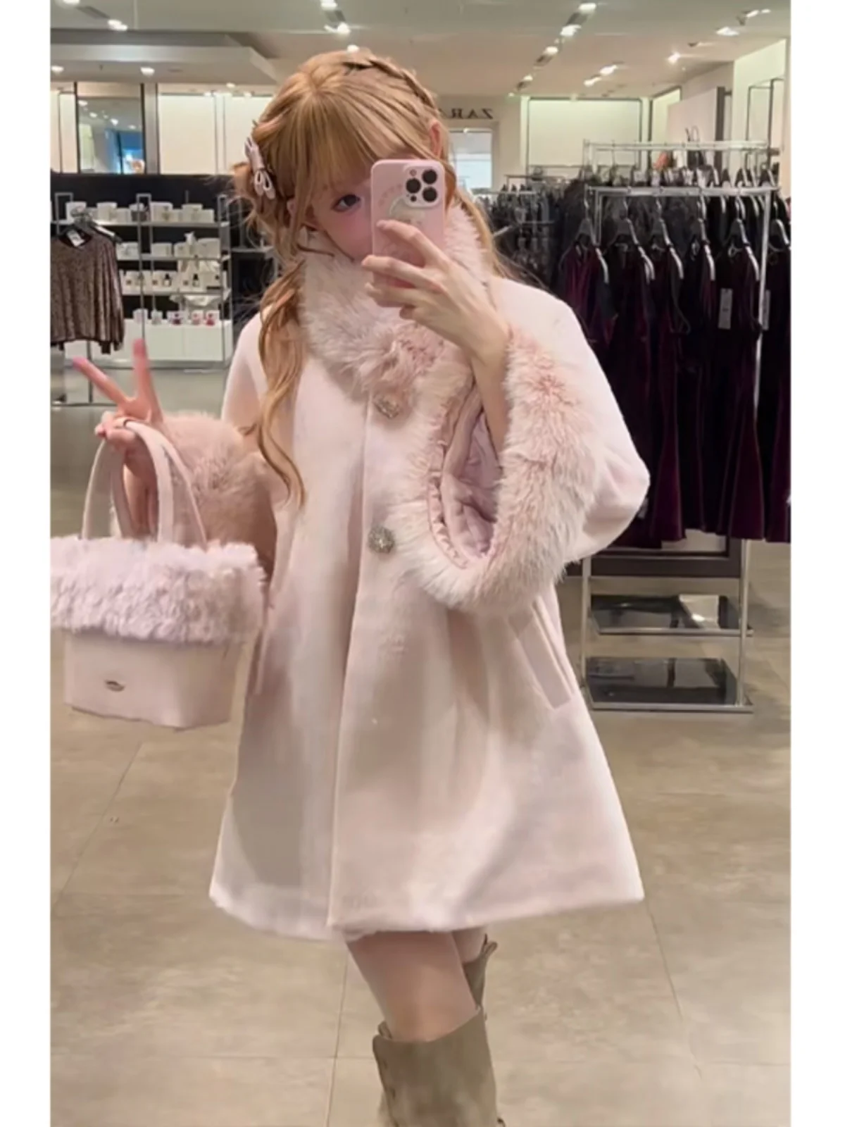 Abrigo de lana con cuello de piel rosa para mujer, dulce japonés, dulce, manga acampanada, capa, abrigo de lana