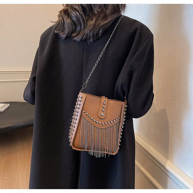 

Minimalist Black Studded Bucket Bag, Tassel Detail with Faux Leather, Versatile Everyday & Night Out Purse for Work & Events