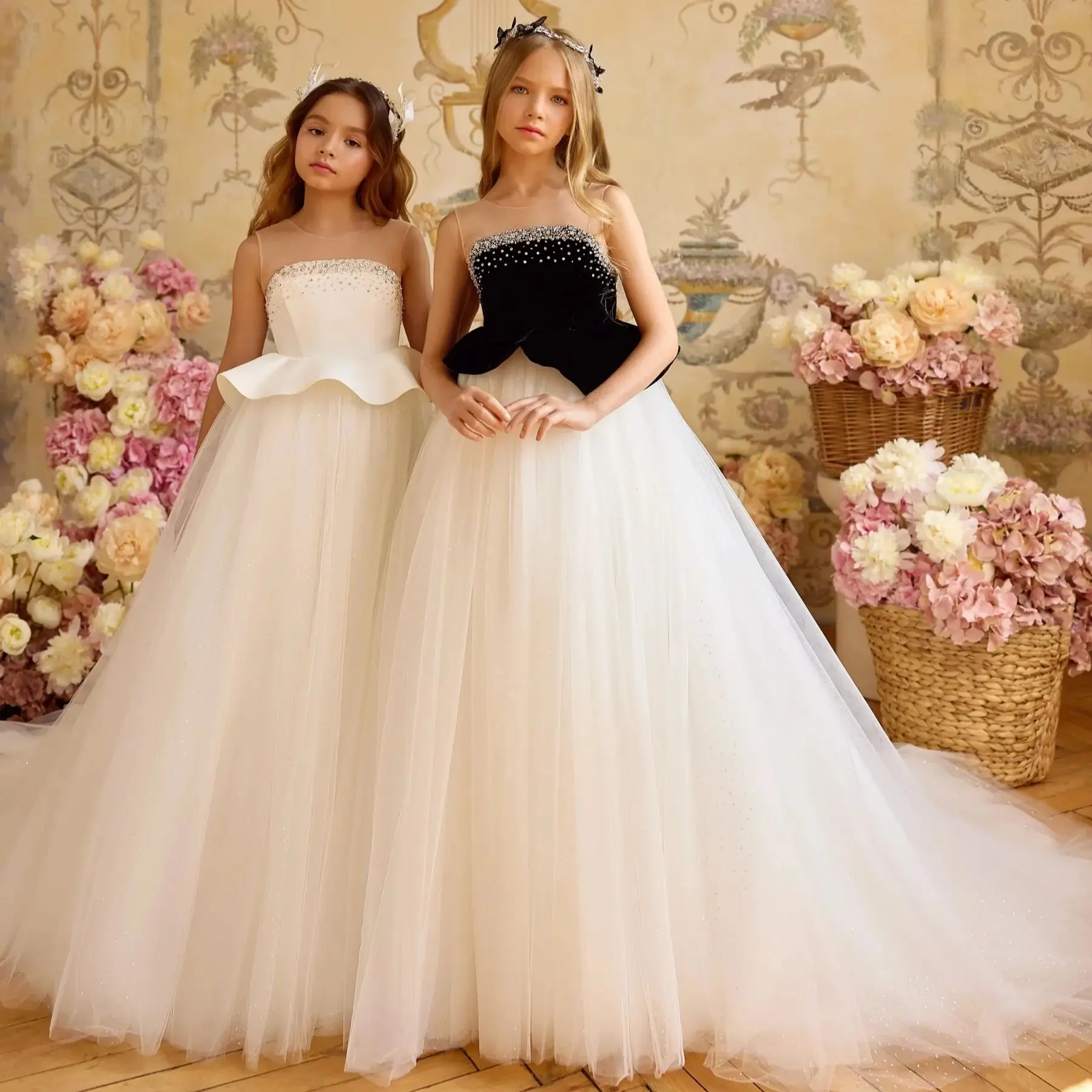 

Elegant Beading Flower Girl's Dresses for Wedding Illusion Neck Tulle First Communion Dress Baby Girl's Birthday Party Gowns