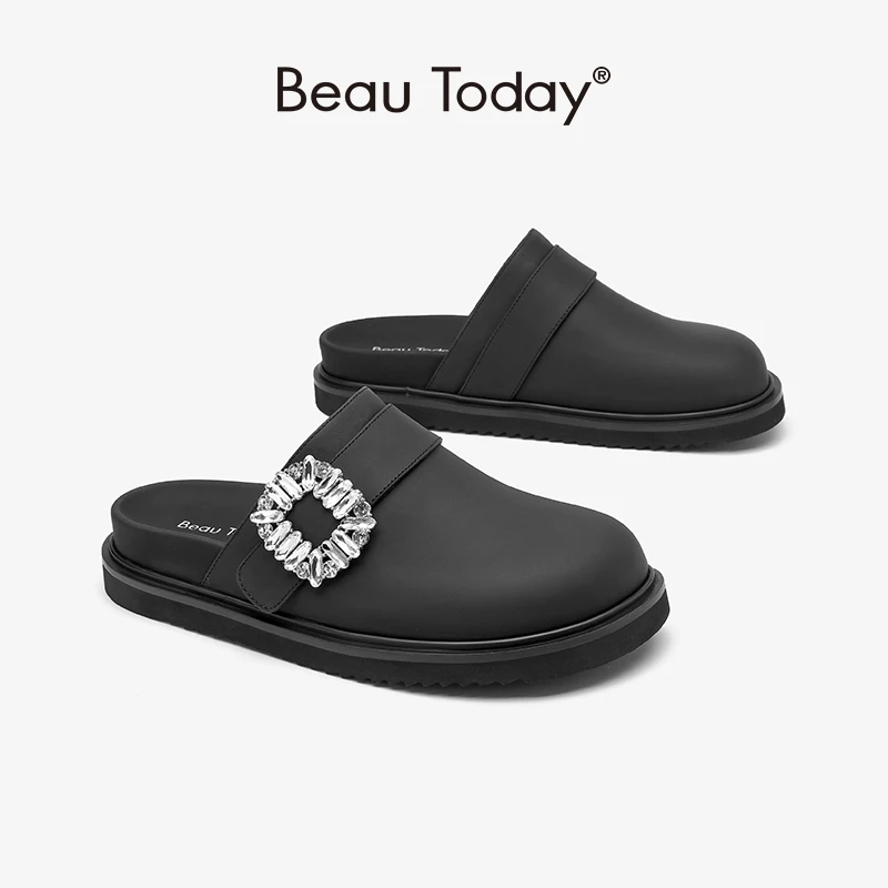 Beautoday Slippers Women Genuine Cow Leather Solid Strap Decoration Round Toe for Summer Ladies Slip-on Shoes Handmade 36274