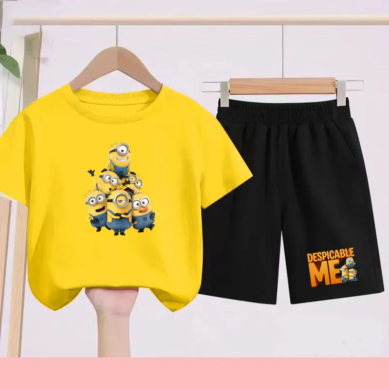 

Summer Cartoon Cute and Funny Minions Print Fashion T-Shirt for Children (Ages 3-12) - Boys and Girls - Kids' Two-Piece Set (Sho