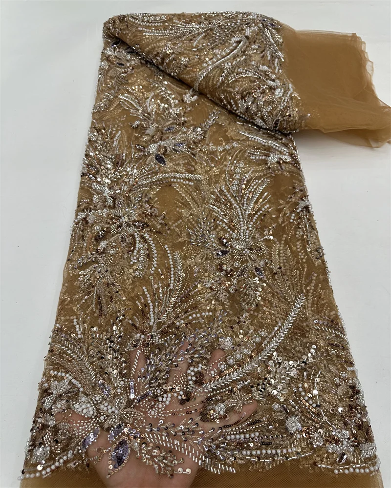 

Latest Heavy Beaded Lace Fabric 2024 High Quality African Sequins Groom Lace Net Fabrics For Nigerian Wedding Party Dress