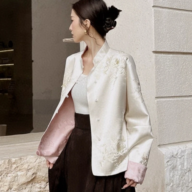 Chaqueta de mujer de otoño, abrigo con cuello levantado de satén bordado, hebilla china, estilo nacional Retro, prendas de vestir exteriores de lujo, Top de manga larga