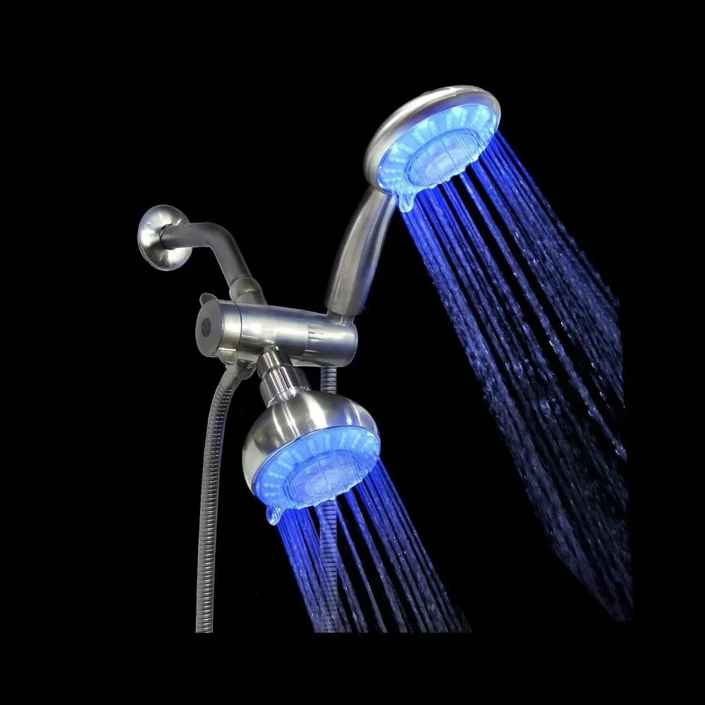 

4 Inch 5 Multi-Function Blue LED Light Dual Shower Head Combo Shower System with Brass Connector & 5 ft (60") Stainless Steel