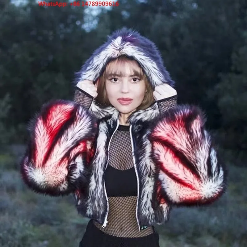 Hot Selling Luminous Faux Fur Jacket LED Stage Performance Fashionable Women's Short Style Luminous Coat Costumes