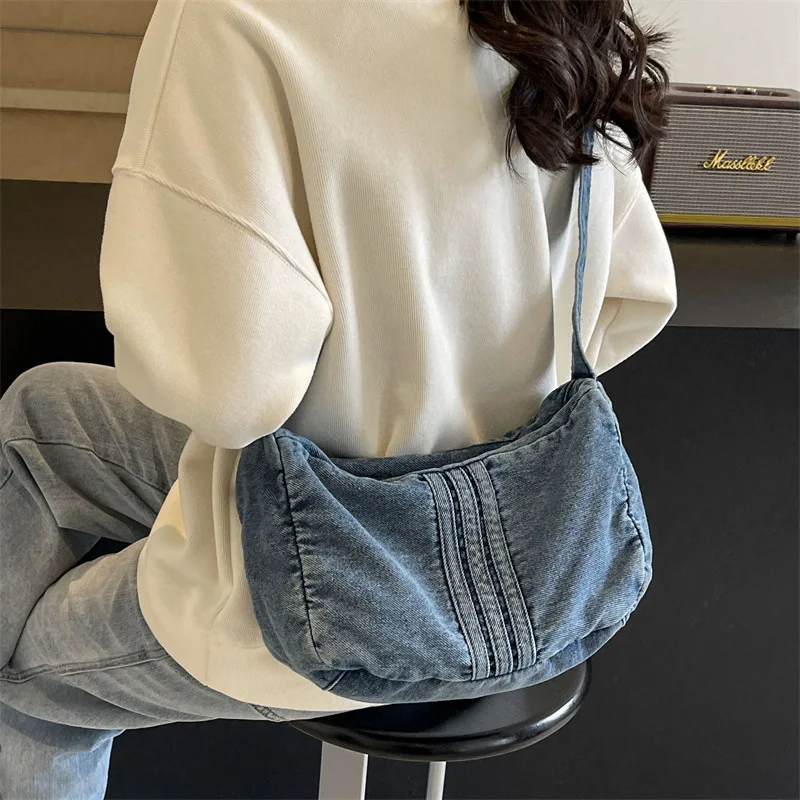 Japan and South Korea Ultra-light Denim Bag Women's Tide Niche Tote Bag Student Durable Versatile Fashion Messenger Shoulder Bag