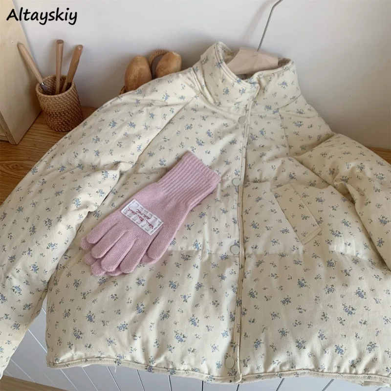 

Parkas Women Short Style Stand Collar Loose Fit Coats Floral Printed Sweet Tops All-match Casual Korean Streetwear College
