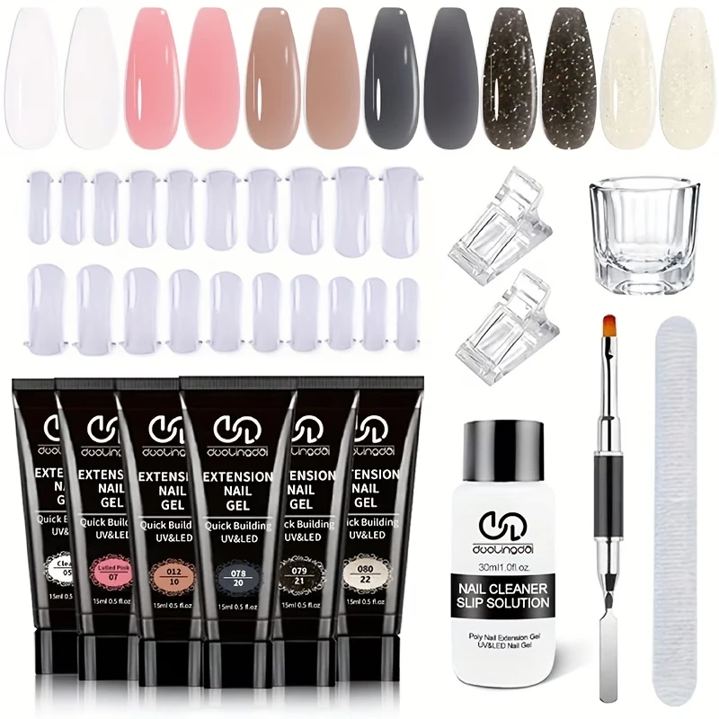 

Набор для наращивания ногтей полигелем в белом, розовом, черном и коричневом цветах, 30 мл синоват, 20 шт. пластинок для ногтей и разнообразие вариантов цветов.