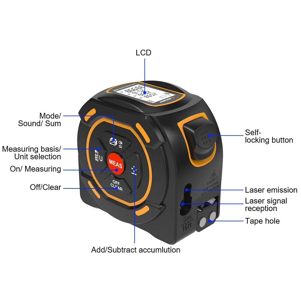 SNDWAY 고정밀 레이저 테이프 측정기, 디지털 거리 계량기, 건설 룰렛 SW-TM40A SW-TM60A, 2 인 1