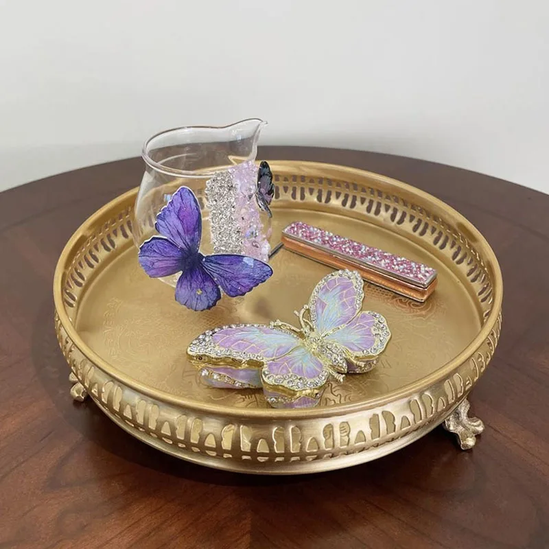 Brass engraved round tray tea and fruit tray home storage all copper retro snack tray