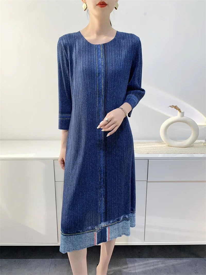 YUDX Women's Dress Denim Color Printed Seven Sleeve Medium Long Pleated Skirt 2024 Autumn New image 6