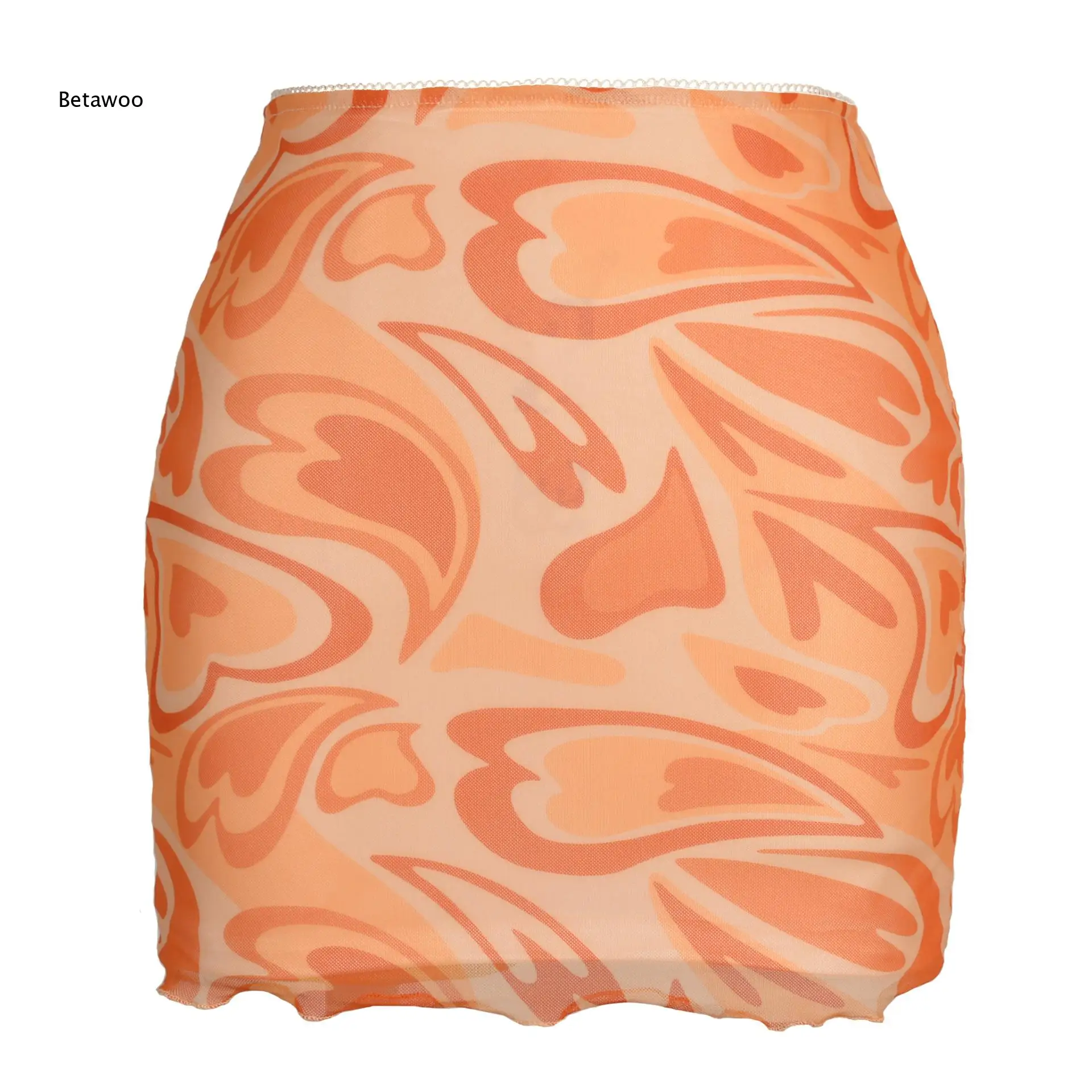 Abstract Swirl Heart Print Sheer Mesh Micro Skirt Women Elastic Lace Waist Scalloped Hem Slim Bodycon Club Mini Skirt