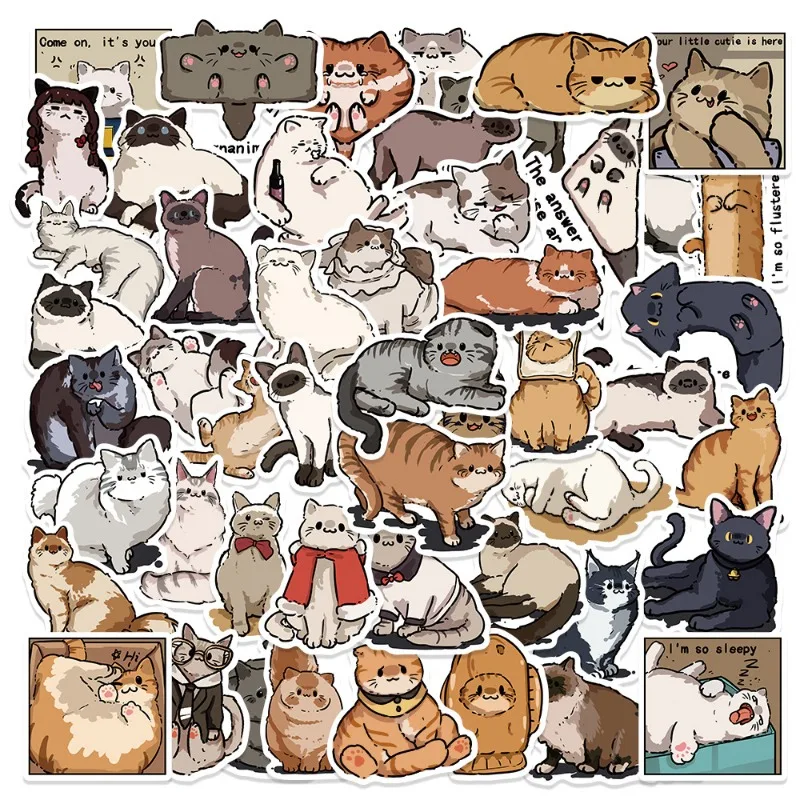 50PCS cartoon cute kitten doodle notebook suitcase water cup skateboard desk children creative decor waterproof stickers