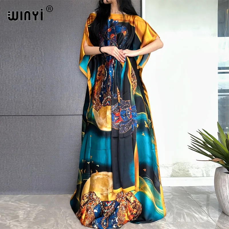 WINYI Africa 2023 abito lungo allentato con cintura donna moda stampa caftano Casual elegante vacanza estate abito da festa bohémien in seta