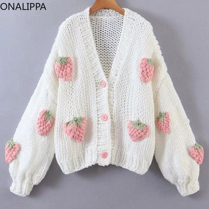 Onalippa Thick Needle Strawberry Knitted Cardigan V Neck Single Breasted Loose Cardigans Korean Long Sleeves Sweet Sweater