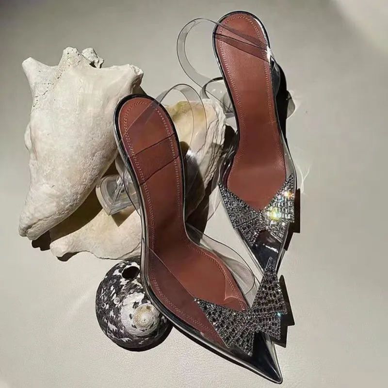 

Butterfly Diamond Buckle French High Heels Summer New Pointed Transparent Rhinestone Bag Head Sandals Women