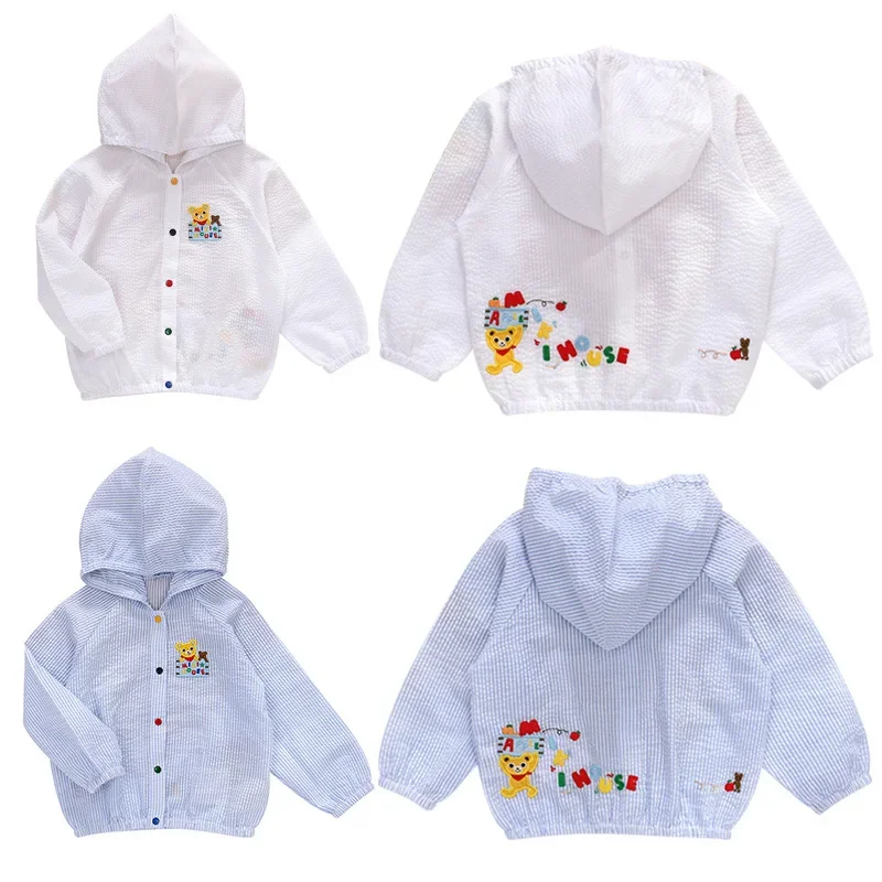 2023 Children's Clothing New Boy And Girl Cartoon Bear Letter Embroidery Hooded Jacket Cardigan Sunscreen Air Conditioning Shirt