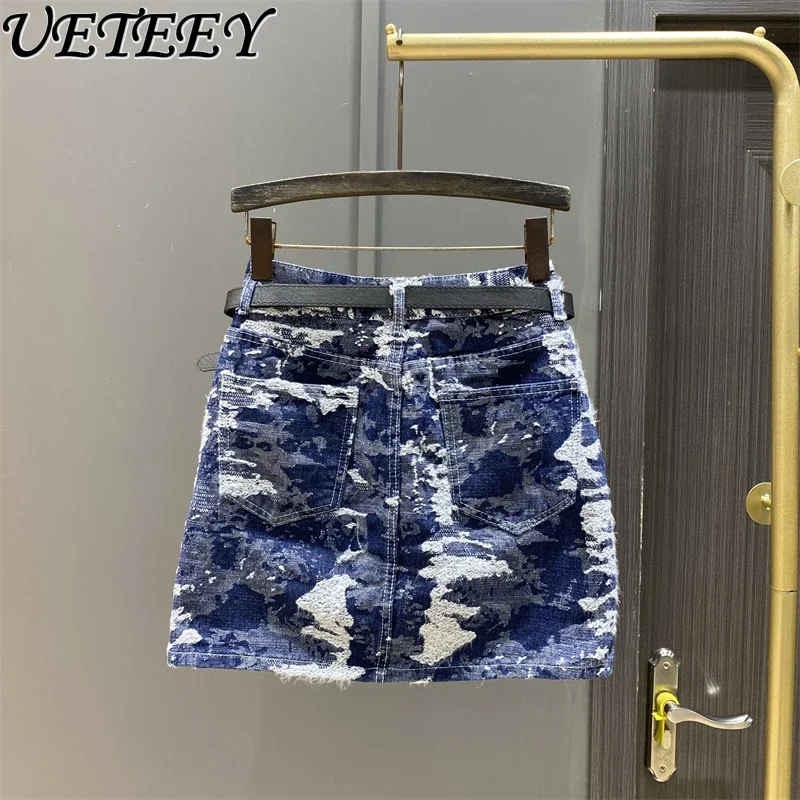Retro Smudge Denim Short Skirt Summer New High Waist Slimming Foreign Jacquard Anti-light Hip-wrapped Mini Skirts for Women