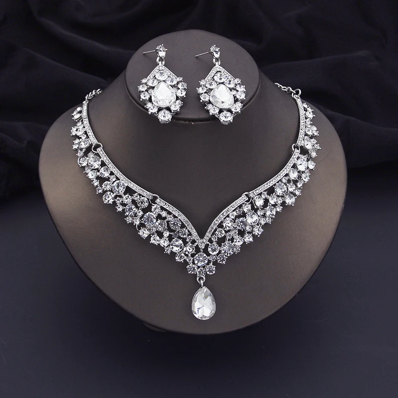 Green Crystal Crown Wedding Necklace Earring Sets Luxury Bridal Jewelry Sets for Women Prom Tiaras Bride Dubai Jewelry Sets