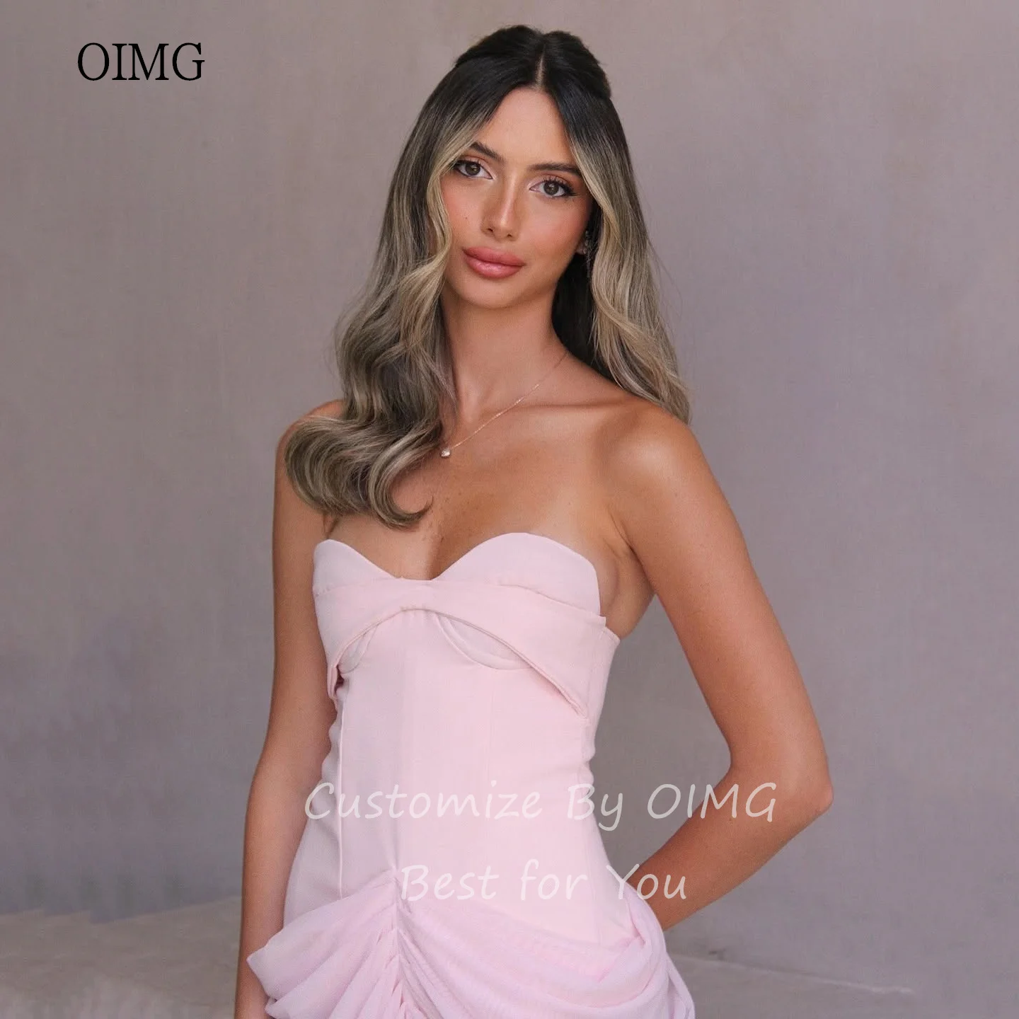 OIMG Sexy Pink Mermaid Prom Gowns Strapless Pleated Party Gown Floor Length Evening Dress vestidos de gala Customized image 3