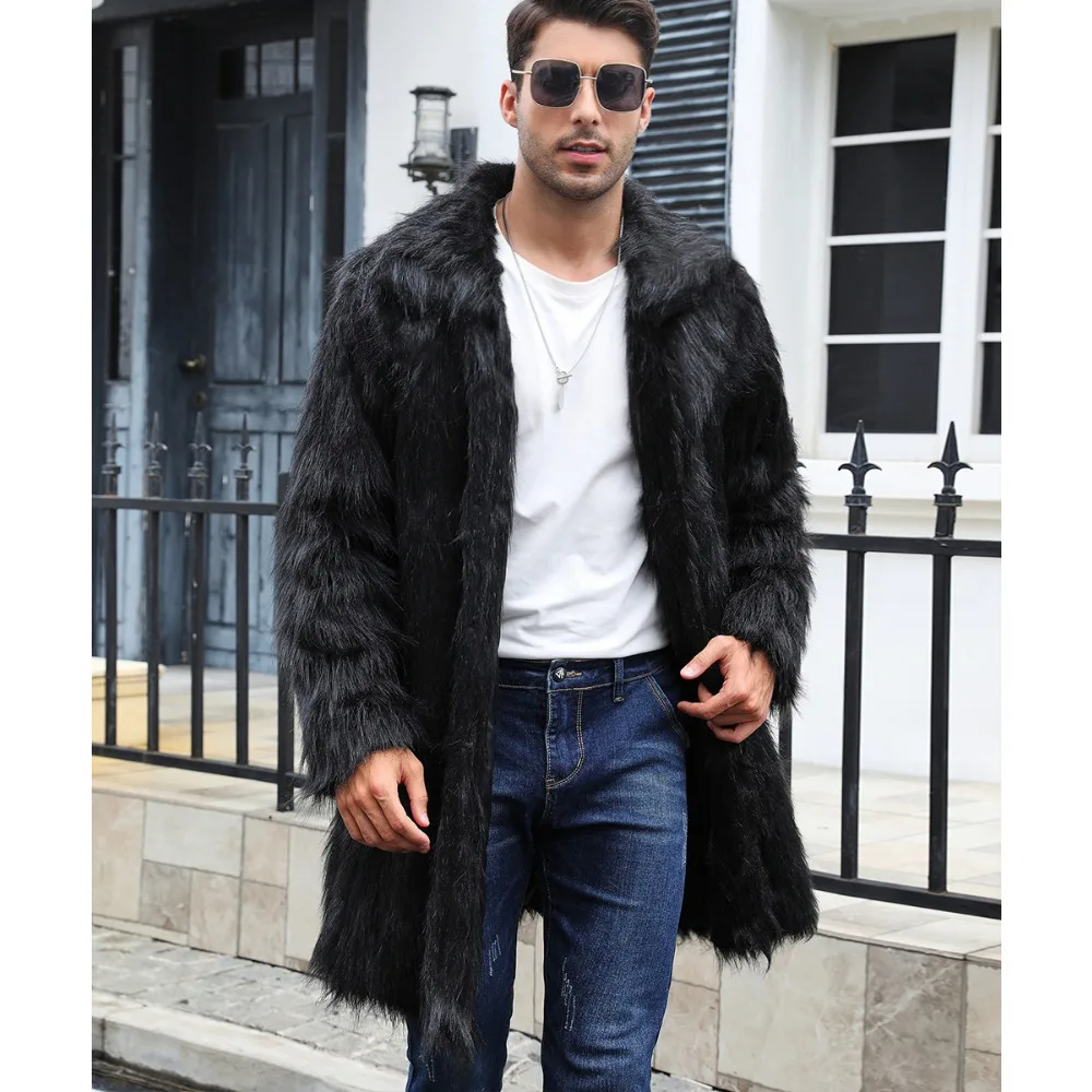 Luxury Brand Thick Warm Winter Men Big Lapel Faux Fur Coat Loose Mid-length Trench Coat Casual Fur Jacket Overcoat Mens Clothing