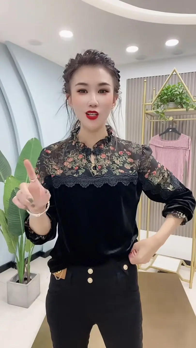 بلوزة نسائية أنيقة مع تطريز الأزهار وحواف من الدانتيل وياقة واقفة وأكمام طويلة ملابس ربيع الخريف بقصة ضيقة #6