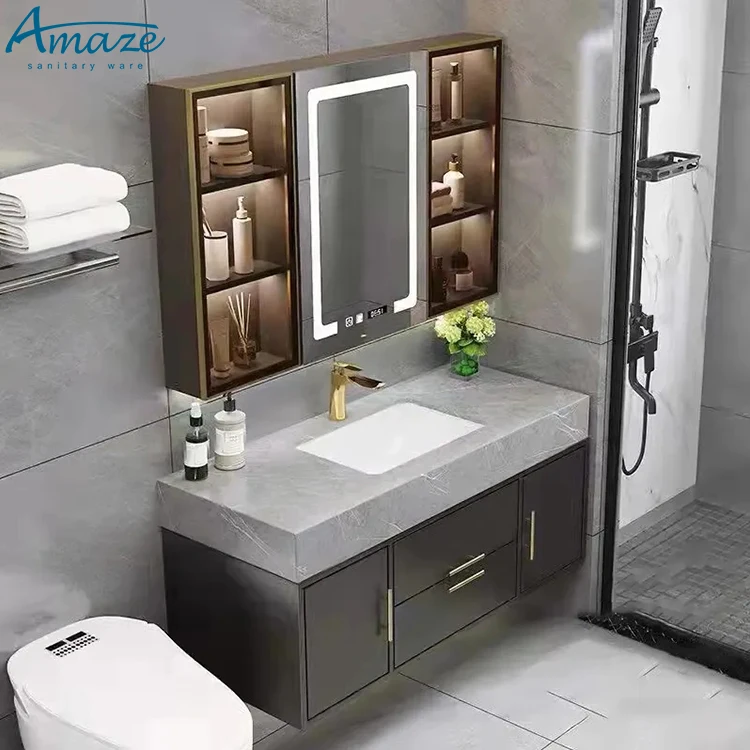 Mueble de baño con espejo inteligente, mueble con diseño de madera contrachapada, estilo moderno, para Hotel y hogar