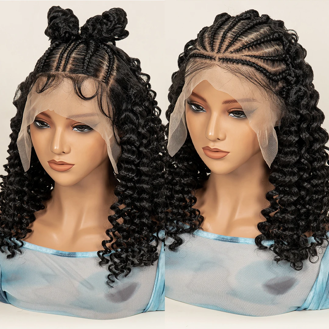 Geflochtene Haarperücken mit Babyhaar, 40,6 cm lange Kunsthaarperücke, tiefe Welle, 13 x 6 Spitzenperücken, natürliche Cornrow für schwarze Frauen