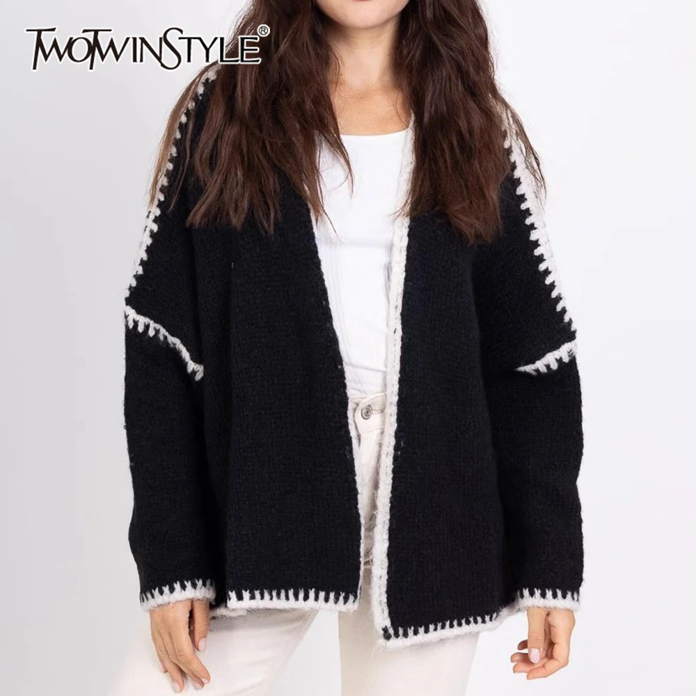 

TWOTWINSTYLE Hit Color Minimalist Loose Sweaters For Women V Neck Long Sleeve Temperament Casual Coats Female Fashion Style New