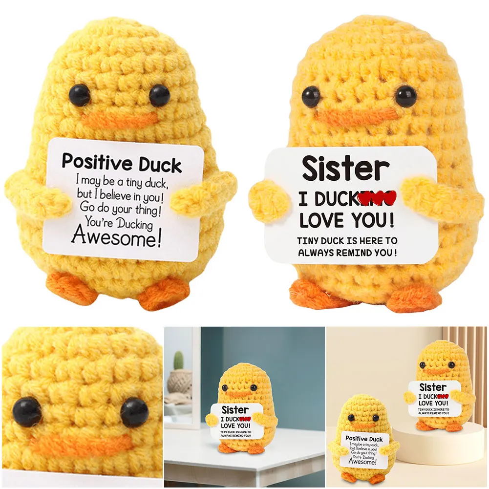 Crochet Yellow Duck Handmade Duck Ornaments with Positive Card Emotional Support Toy Creative Cheer Up Ornaments for Home Office