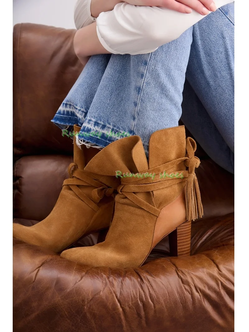 Camel Suede Ankle Boots Folded Cuff Wrap‑Around Strap Tassel Decor Pointed Toe Wood Block Heel Retro Autumn Winter Short Boots