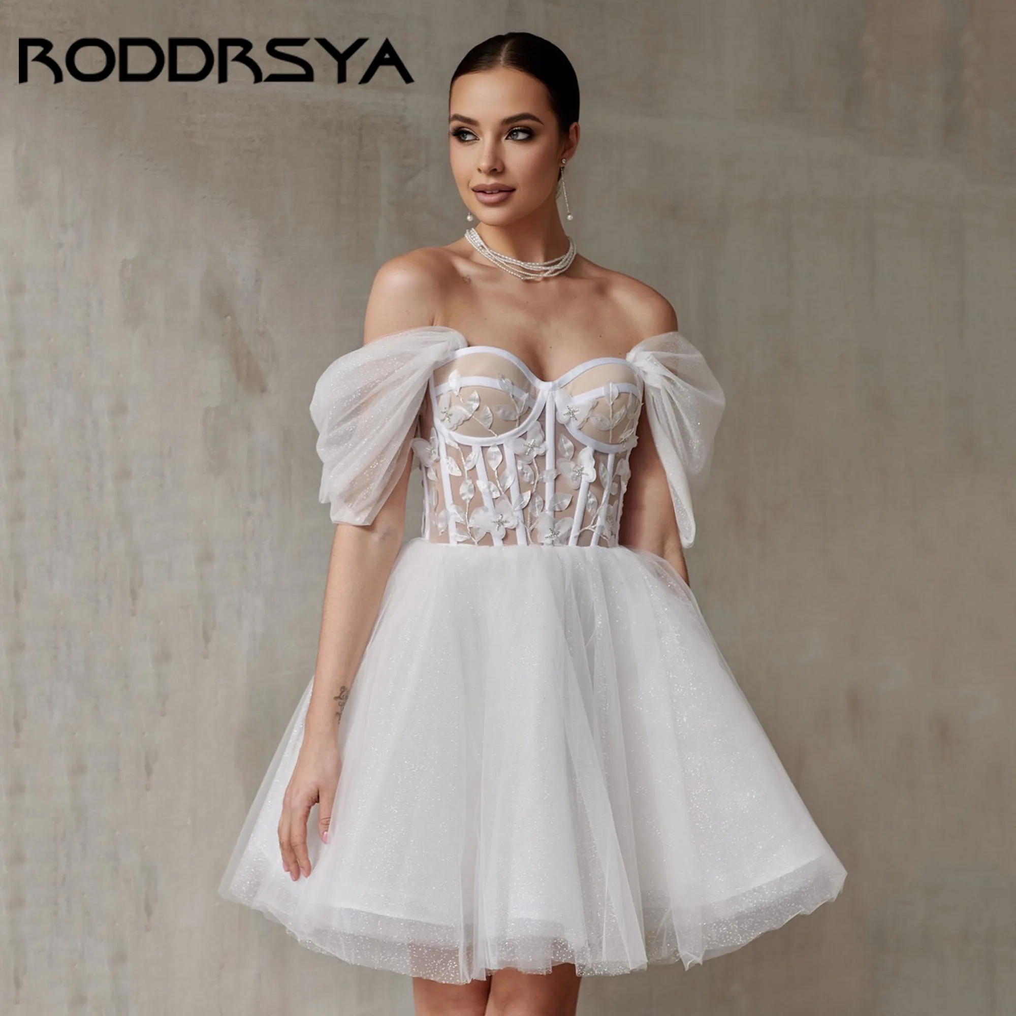 

RODDRSYA Short A-Line Dress For Bride Off Shoulder Sweetheart Tulle Wedding Gowns Backless Lace Up vestidos de novia Customized