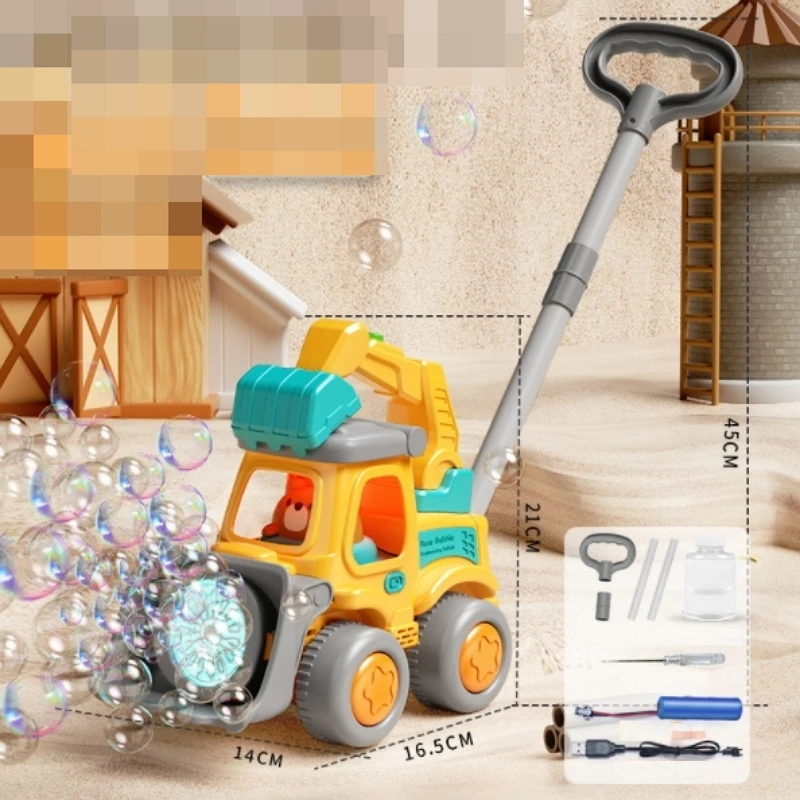 Hand-Pushed Electric Bubbles Maker Machine Plastic Construction Truck Excavator with Light Outdoor Toys for Kids Gifts