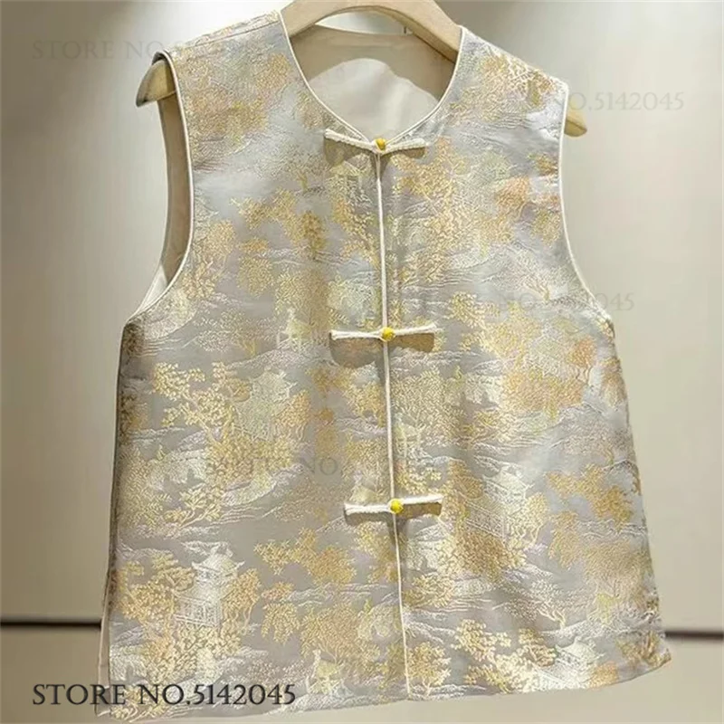 

Традиционный китайский жилет в стиле Тан для женщин, винтажная жаккардовая блузка без рукавов с застежкой, летняя свободная куртка-жакет, верхняя одежда