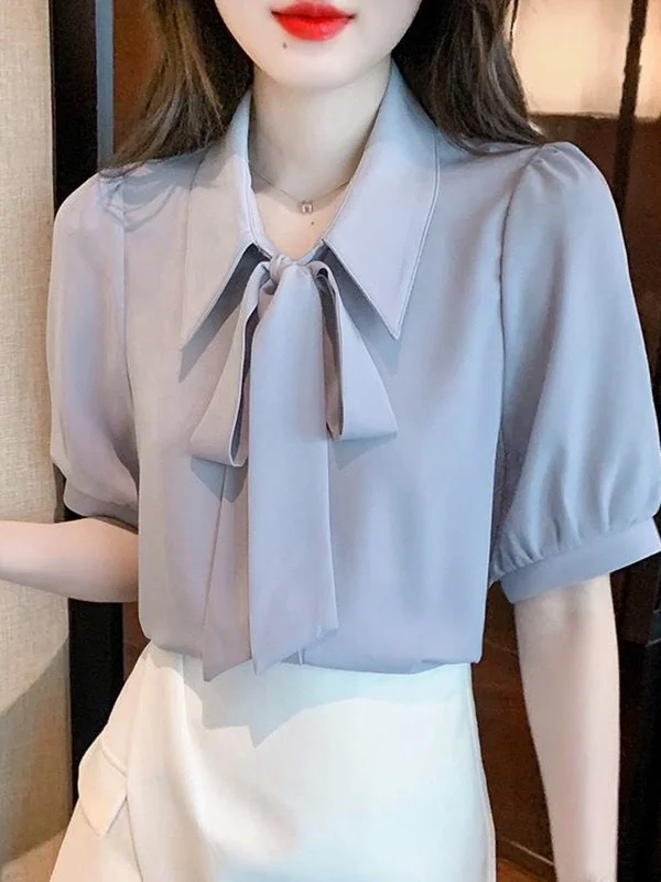 

Summer 2025 New Sle Gentle e Blue ort Sve Chiffon Women's irt Korean Loose Fit Dra irt Collar Thin Fa...